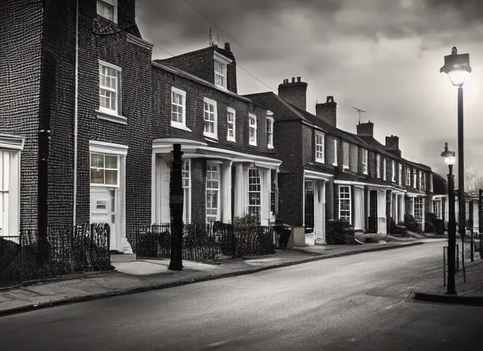 Image similar to small suburban houses in London at night inspired by Edward Hopper, Photographic stills, photography, fantasy, moody lighting, dark mood, imagination, cinematic