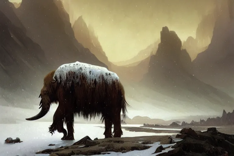 Image similar to a mammoth walking in a terrible snowstorm, luminous sky, by greg rutkowski and alphonse mucha, gradient brown to white, rocky mountains background, highly detailed landscape, digital painting, artstation, concept art, smooth, sharp focus illustration