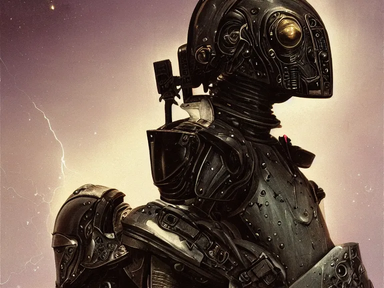 Prompt: a detailed profile painting of a bounty hunter in armour and visor, cinematic sci-fi poster. Cloth and metal. Flight suit, anatomy portrait symmetrical and science fiction theme with lightning, aurora lighting clouds and stars. Clean and minimal design by beksinski carl spitzweg giger and tuomas korpi. baroque elements. baroque element. intricate artwork by caravaggio. Oil painting. Trending on artstation. 8k