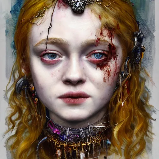 Image similar to sadie sink expressive oil painting, of helena bonham carter mixed with sophia lauren, bumpy mottled skin full of blood and scars, ornate headpiece made from crystals, cables and wires, body horror, by yoshitaka amano, by greg rutkowski, by jeremyg lipkinng, by artgerm, digital art, octane render