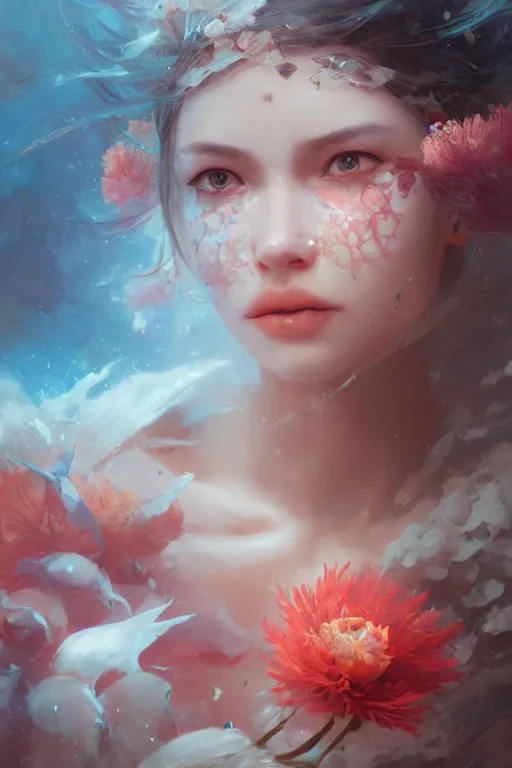 Prompt: face closeup of beautiful girl covered with coral reef and ice, 3 d render, hyper realistic detailed portrait, holding magic flowers, ruan jia, wlop. scifi, fantasy, hyper detailed, octane render, concept art, by peter mohrbacher, by wlop, by ruan jia