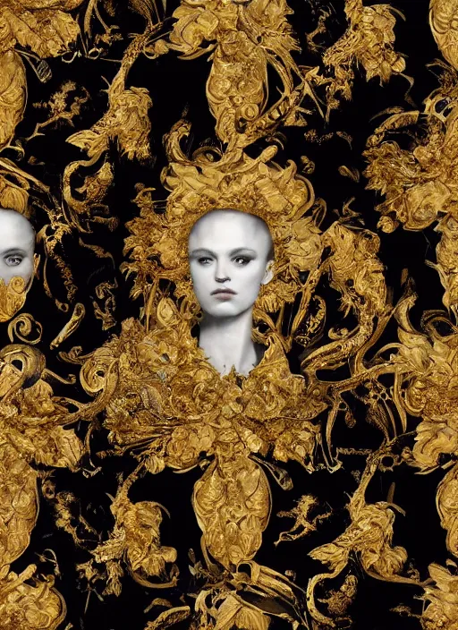 Prompt: highly detailed oil painting | very intricate | cinematic lighting | black, white and gold color scheme, dark background | decorative seamless pattern by alexander mcqueen | by roberto ferri, by gustav moreau, by singer sargent and klimt, american romanticism, occult art | by austin osman spare, artstation, cgsociety, official art, octane