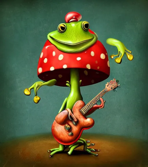 Prompt: a frog playing guitar on a hallucinogenic mushroom by nikolina petolas