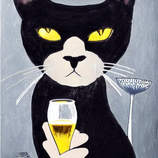 Image similar to a portrait of a black cat drinking expensive champagne in a fancy dark bar