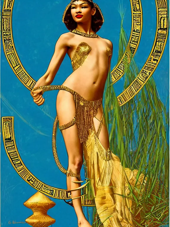 Prompt: zendaya as the Egyptian goddess Venus, a beautiful art nouveau portrait by Gil elvgren, Nile river water garden , centered composition, defined features, golden ratio, gold jewelry