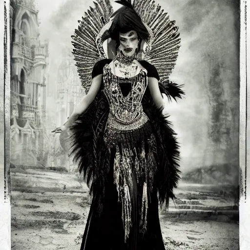 Image similar to beautiful woman mysterious oracle, incredible detailed, insanely ornamented with baroque silver decorations, embers, black feathers ornaments, fairy tale atmosphere, fashion vogue photo, cold colour scheme, peter lindbergh photo style,