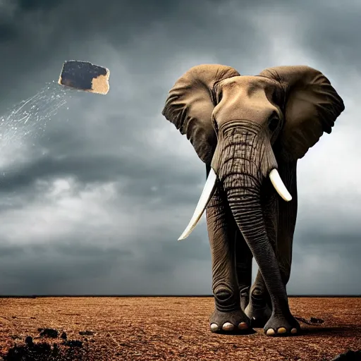 Image similar to an elephant falling apart and crumbling to dust to the air, photorealistic