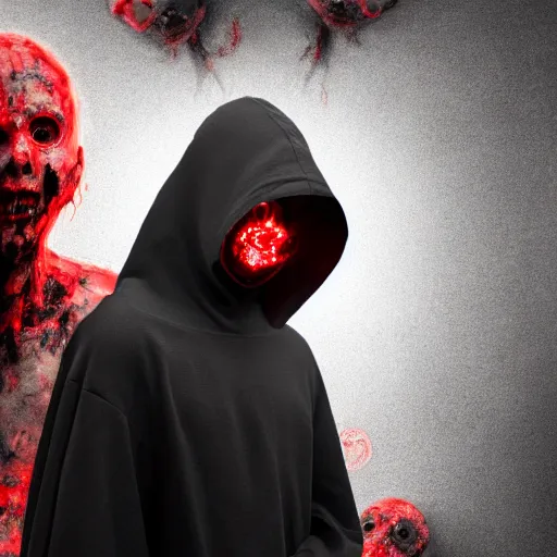 Image similar to a pale figure in a black hood, surrounded by zombies, with swirling glowing red magic, high quality, by anson maddocks, 4 k, digital art