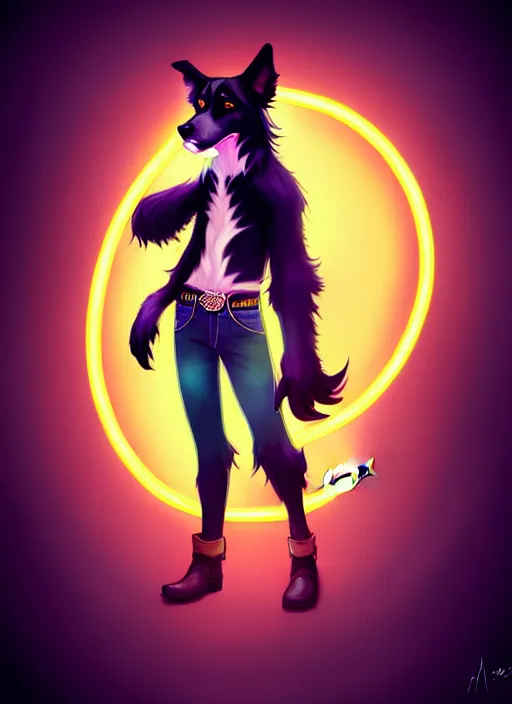 Image similar to wide angle beautiful full body portrait of a cute male anthropomorphic anthro border collie fursona wearing cowboy outfit in a neon metropolis, character design by charlie bowater, henry asencio, and ross tran, furry art, furaffinity, beautiful, glamor pose, detailed, aesthetic, trending on artstation