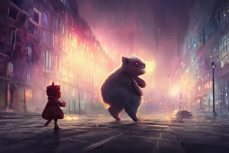 Image similar to a beautiful illustration of cute little creature lost in the big city, fantasy, epic lighting, cinematic composition, hyper realistic, 8 k resolution, unreal engine 5, artstation