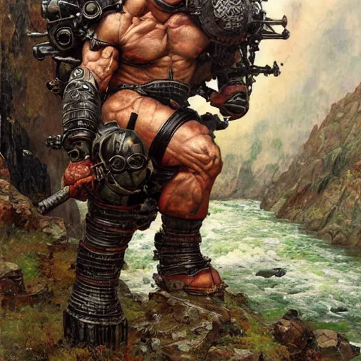 Prompt: full body rusty black steel single titan colossus goddess terminator T-800 red eyed in pacing through valley, crossing the river, mountain valley to smoking fortress afar, with armour, artillery, muscular torso, fine art, cinematic, artstation, matte painting, masterpiece by vasnetsov and surikov, JEAN-VICTOR BERTIN, by Terence Cuneo