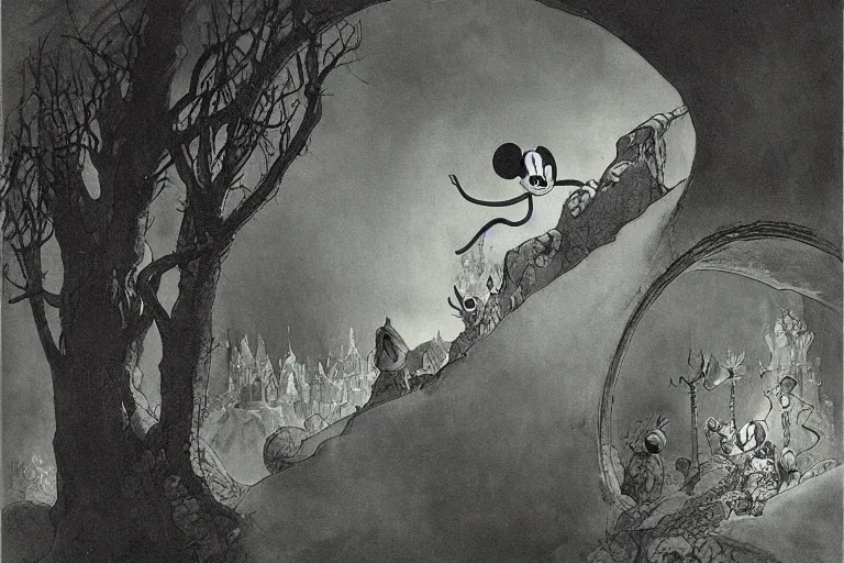 Image similar to magical 1920's style disney art of a mickey mouse scene by sidney sime gustave dore goya