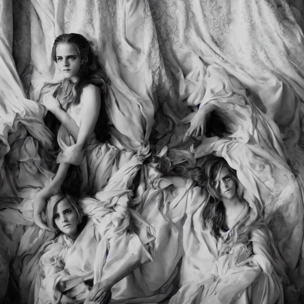 Image similar to closeup centre frame Emma Watson long hair flowing robes baroque room cinematic lighting stanley kubrick barry lyndon Cecil Beaton, Lee Miller, Irving Penn, David Bailey, Corinne Day, Patrick Demarchelier 4k canon 5d mk4