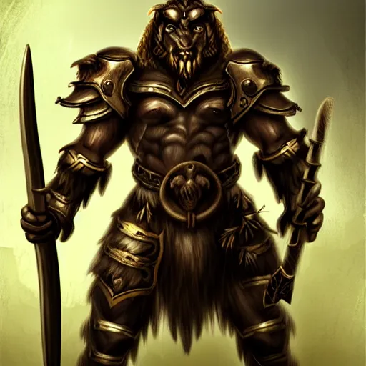 Image similar to Minotaur warrior with axe, human body, aggressive stance, forest landscape, bull head, concept art, paladin golden armor, high details, symmetrical, full body, digital painting, dark fantasy, guildwar artwork