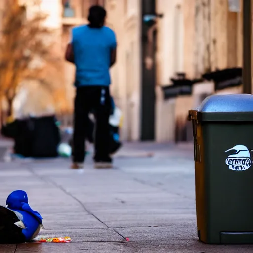 Prompt: A duck staring at a homeless person living in a trashcan, cinematic, professional photography