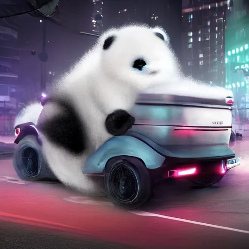 Prompt: a fluffy roadster covered with white fur and in the style of a panda, parking in the street, Cyberpunk, neon light, 4k, hd, highly detailed, front view