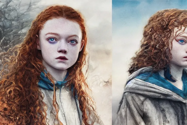 Prompt: sadie sink in a hoodie : runs fast. cyborg behind : runs fast. dirt, fantasy, soviet dystopian art by ayami kojima, vasnetsov, cedric peyravernay