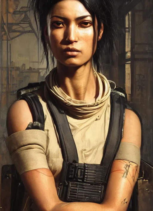 Image similar to Ada. beautiful cyberpunk Samurai woman wearing a military vest and military jumpsuit (cyberpunk 2077, bladerunner 2049). gorgeous african face. Iranian orientalist portrait by john william waterhouse and Edwin Longsden Long and Theodore Ralli and Nasreddine Dinet, oil on canvas. Cinematic, hyper realism, realistic proportions, dramatic lighting, high detail 4k