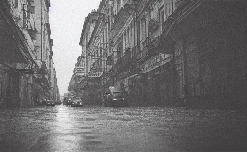 Image similar to high quality movie still of a soviet street yougoslavian street with few pedstrian , Cinestill 800t 18mm black and white heavy grain, very detailed, precise, HD, rain, mud, foggy, neon billboard