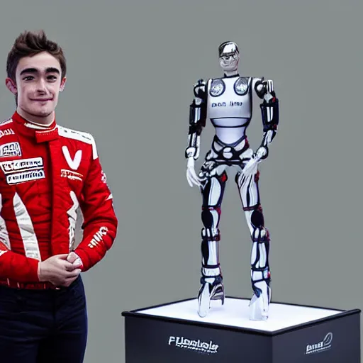 Image similar to f 1 driver charles leclerc, on display, posing like a statue, showing off his muscles, humanoid robot, who is a male android, shiny skin, made of ice, frozen ice statue, by the pool, a realistic detailed photo of a guy who is an attractive humanoid who is half robot and half humanoid, blank stare