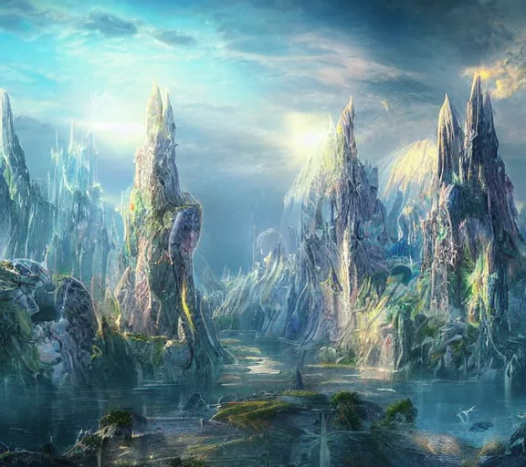 Prompt: vast beautiful epic realistic fantasy landscape with futuristic cities and iridescent crystals