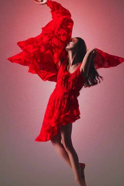 Prompt: full body portrait of a female in a dancing pose, red floral dress, cinematic lighting, 4 k,