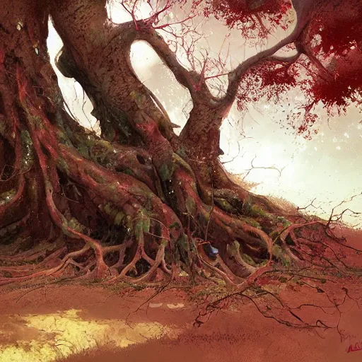 Image similar to A man standing under a huge tree with intertwined roots by Marc Simonetti