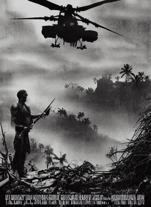 Image similar to new poster creative art for apocalypse now, martin sheen, vietnam war, soldier, river, trees, helicopters