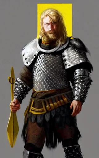 Prompt: highly detailed concept art of a rugged young knight with blonde hair and blue eyes and a short beard wearing a blue shirt over chain mail and steel pauldrons and a yellow cape and leather boots holding a shield and a warpick, concept art by Greg Rutkowski, realistic, masterpiece, ArtStation