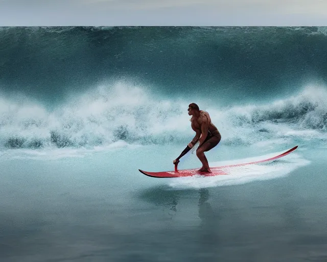 Prompt: single spartan paddling surfi ski through waves, epic award winning action cinematic still from the movie 3 0 0, 8 k, global illumination, detailed face, muscles, rim highlights, hyper realistic, stunning waves, happy vibes