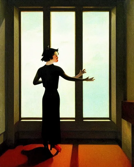 Prompt: photo of young bjork in 1 9 3 0 s penthouse rainy window, deco skyscrapers faintly visible outside, oil painting, by enoch bolles, greg rutkowski, edward hopper, artgerm, wlop glossy skin, pearlescent, very coherent, iconic