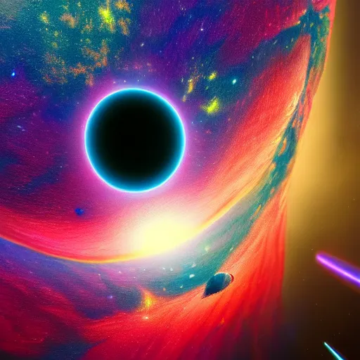 Image similar to a beautiful and colorful blackhole in the galaxy in a style of maxim zhestkov, hyper detailed, 8 k 3 d, trending on artstation, vray octane, hyper realism.