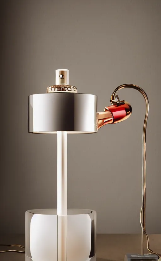 Image similar to table lamp designed by hermes in the shape of perfume, advertising photography