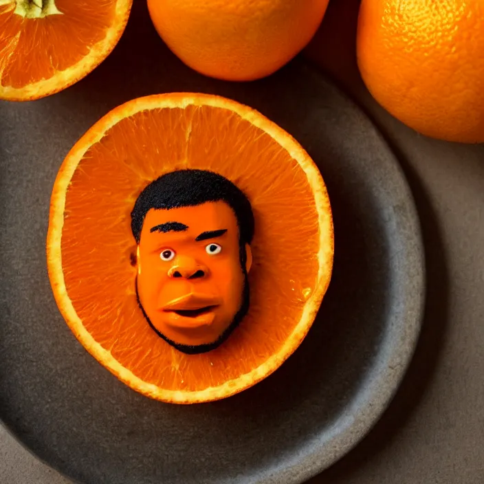 Prompt: orange that looks like jordan peele, jordan peele's face, a bearded orange on a plate, macro shot, high detail photo, close up, cute, adorable