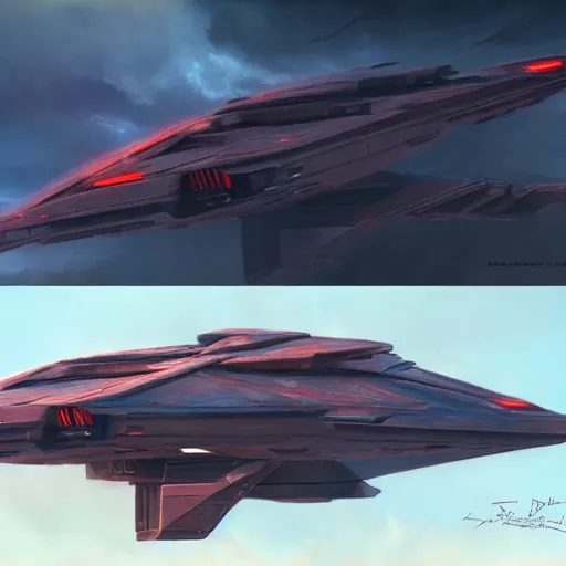 Prompt: darth vader's starship, concept art by doug chiang, cinematic, realistic painting, high definition, concept art, path tracing, high quality, highly detailed, 8 k, red colors, hyperrealistic, concept art