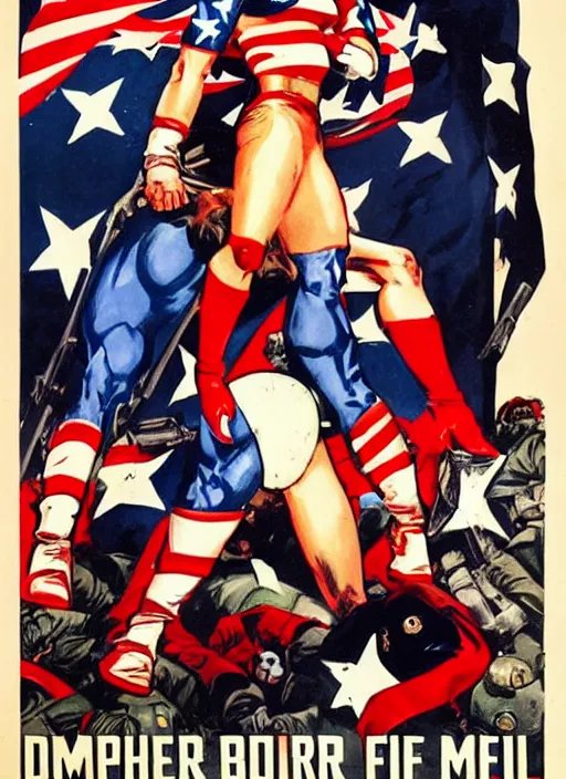 Image similar to beautiful south american female captain america standing on a pile of defeated, beaten and broken german soldiers. feminist captain america wins wwii. american wwii propaganda poster by james gurney. gorgeous face. overwatch