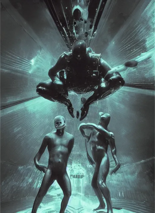 Image similar to astronauts in dark and empty void underwater - complex and dynamic composition. reflection and dispersion materials. rays and dispersion of light. volumetric light. 5 0 mm, f / 3 2. noise film photo. flash photography. ultra realistic, motion blur poster by wayne barlowe, hajime sorayama aaron horkey, craig mullins. dark key.