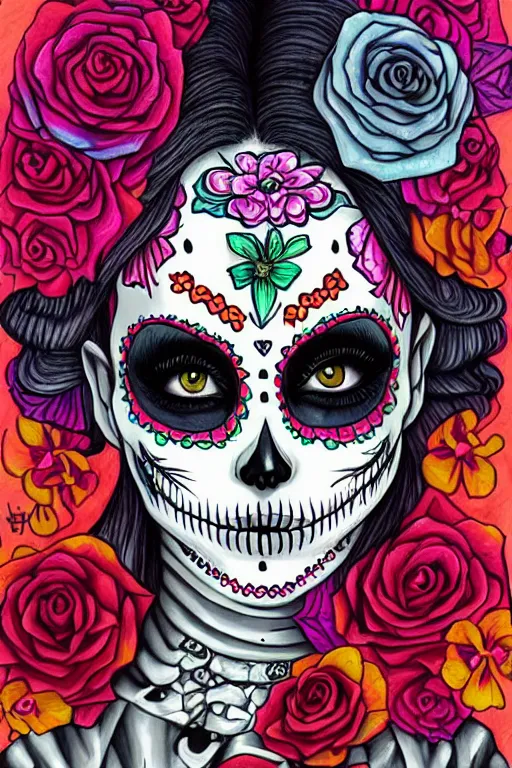 Image similar to Illustration of a sugar skull day of the dead girl, art by Harumi Hironaka