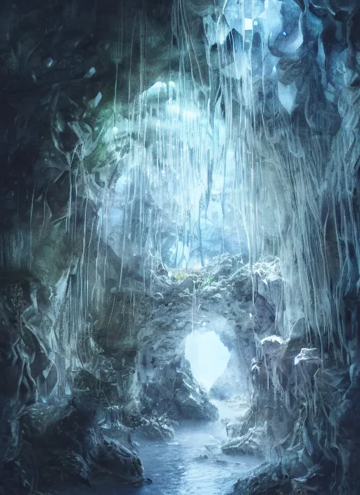 Image similar to portrait, Overgrown Cave made of white paper, Crystal Lighting, Mystical,, watercolor, dramatic lighting, cinematic, establishing shot, extremely high detail, foto realistic, cinematic lighting, pen and ink, intricate line drawings, by Yoshitaka Amano, Ruan Jia, Kentaro Miura, Artgerm, post processed, concept art, artstation, matte painting, style by eddie mendoza, raphael lacoste, alex ross