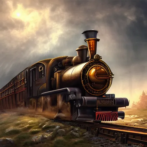 Image similar to steampunk train, details machine, detailed background, realistic moving, unreal engine, by popular digital artist, digital, artstation,, heavenly atmosphere, digital art, overdetailed art, trending on artstation, cgstudio, the most beautiful image ever created, dramatic, award winning artwork, beautiful scenery