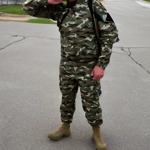 Prompt: soldier wearing camouflage, but with melon pattern.