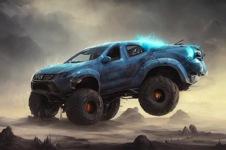 Image similar to a Dacia Logan as a monster truck, coriolios rpg art style, full of details, dark sci-fi, cold blue colors, matte painting, artstation, 8k, hyperrealistic, style of peter mohrbacher