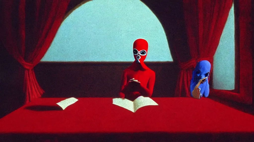 Prompt: a fortune teller wearing a mask sits in a red velvet room reading a fortune, film still from the movie directed by Studio Ghibli with art direction by Zdzisław Beksiński and Salvador Dalí, wide lens