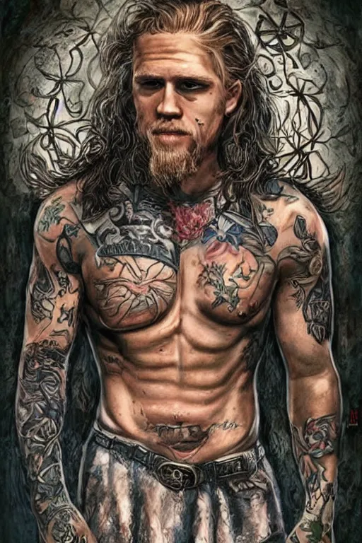 Image similar to Photorealistic half body Portrait of Jax Teller as a very attractive muscular biker, all his skin covered by flowers, elvish symbols and and dark grim themed tattoos. surrounded by magic lightings overlays, Intricate, concept art, magic lighting overlays, magical portal opened, D&D!, fantasy style, sharp focus!, ultra detailed, art by Artgerm and Peter Andrew Jones, WLUP, Magali Villeneuve