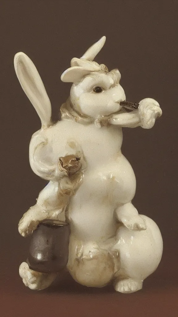 Prompt: a porcelain old rabbit with beard having a japanese kiseru pipe painted by john singer sargent