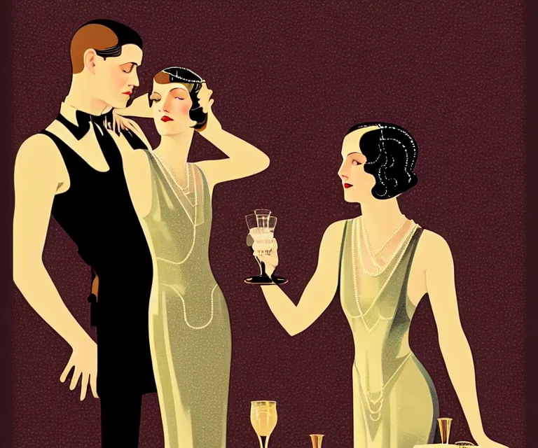 Prompt: a beautiful classy drinking couple, dimly lit upscale 1920s speakeasy, relaxed pose, art deco, detailed painterly digital art style by Coles Phillips, retro vibe, 🍸, 8k octane beautifully detailed render, post-processing, extremely hyperdetailed, intricate, epic composition, grim yet sparkling atmosphere, cinematic lighting + masterpiece, trending on artstation, very detailed, vibrant colors, Art Nouveau, masterpiece