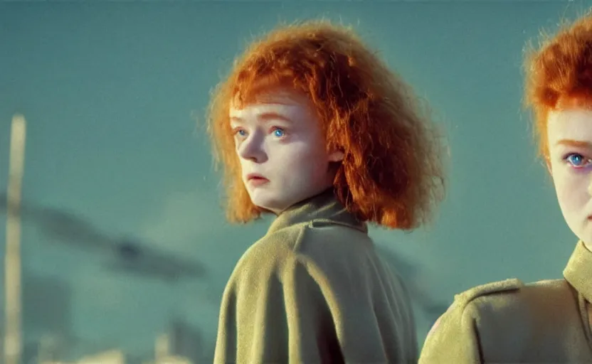 Image similar to sadie sink with spiky short hair in oversized man's coat : a still from a scifi soviet cyberpunk film from 1 9 8 0 s. by steven spielberg and james cameron. 6 5 mm low grain film stock. sharp focus, realistic facial expression, perfect anatomy, cinematic atmosphere, detailed and intricate environment, trending on artstation