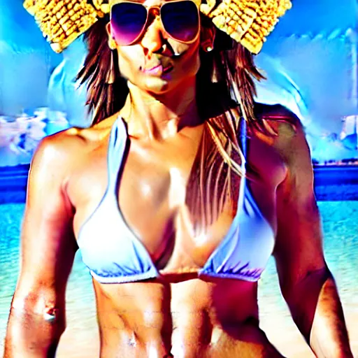 Image similar to j - lo, coconut bikini and a pineapple hat, professional photography, photoshop