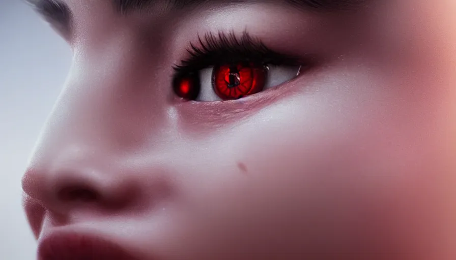 Image similar to diamond red eyes, rule of thirds, beautiful detailed face, ultra realistic, concept art, intricate details, serious, highly detailed, photorealistic, octane render, 8 k, unreal engine, detailed oil painting.