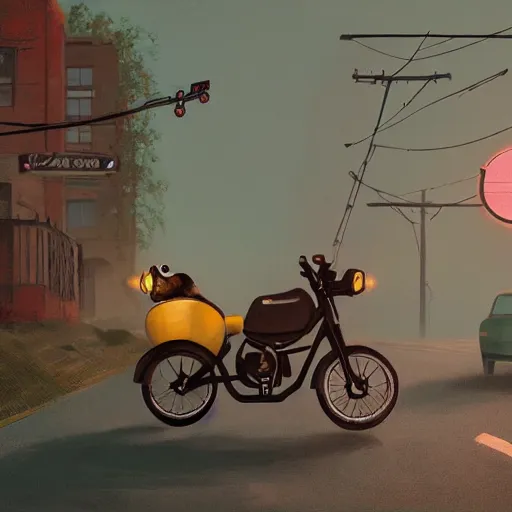 Image similar to bunny wearing a leather jacket riding a motorbike by simon - stalenhag!!!, ultra detailed, 8 k resolution, rule of thirds, dynamic pose, action pose, beautiful landscape